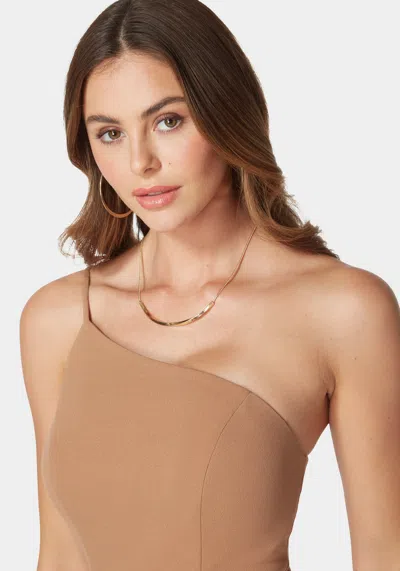 Bebe One Shoulder Core Jumpsuit In Camel