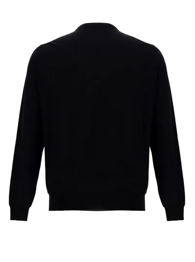 Plain Black Crewneck Sweater With Ribbed Trims In Wool Man In Blue