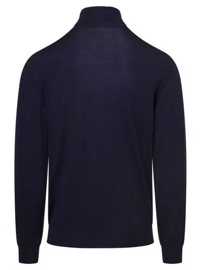 Plain Navy Blue Turtleneck Pull With Rib Trim In Wool In Blue