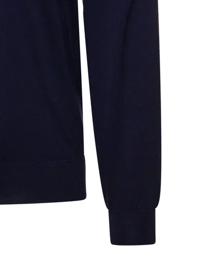 Plain Navy Blue Turtleneck Pull With Rib Trim In Wool In Blue