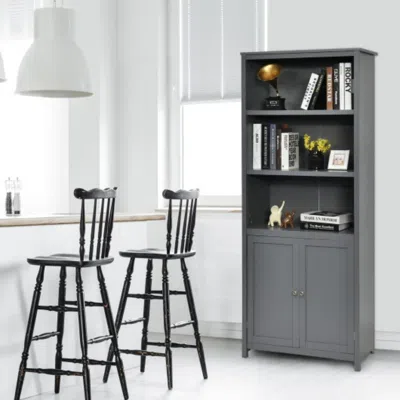 Hivvago Bookcase Shelving Storage Wooden Cabinet Unit Standing Display Bookcase With Doors-gray
