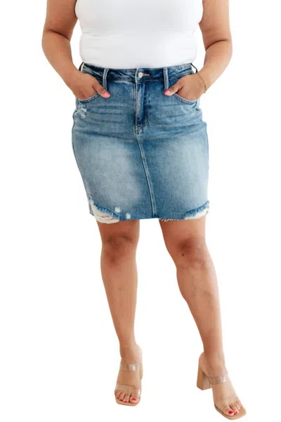 Judy Blue High Waist Rigid Magic Destroy Denim Skirt In Blue In Multi