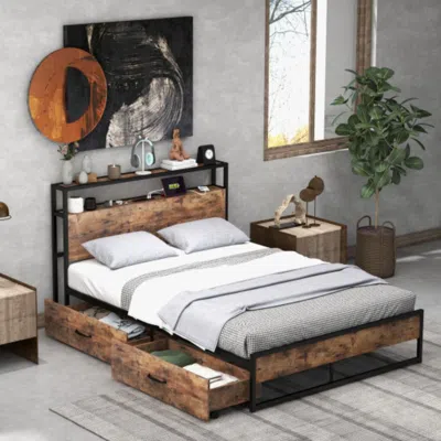 Hivvago Full/queen Bed Frame With 2-tier Storage Headboard And Charging Station-full Size