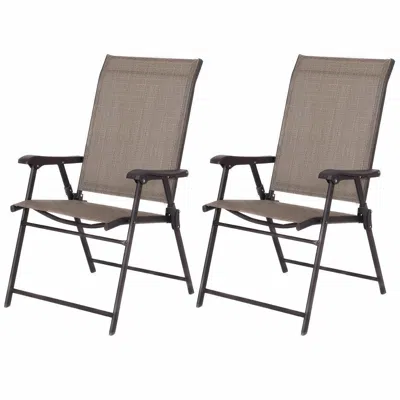 Quikfurn Set Of 2 Outdoor Folding Patio Chairs In Brown With Black Metal Frame