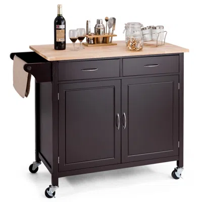 Quikfurn Brown Kitchen Island Storage Cart With Wood Top And Casters