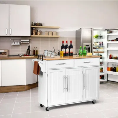 Hivvago Kitchen Island Trolley Cart Wood Top Rolling Storage Cabinet-white