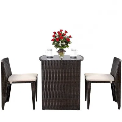 Quikfurn 3 Piece Compact Espresso/white Wicker Patio Cushioned Outdoor Chair Table Set