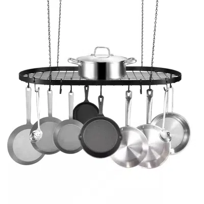 Quikfurn Black Carbon Steel Ceiling Mount Oval Hanging Kitchen Pot Rack With 12 Hooks