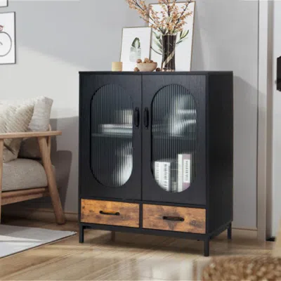 Hivvago Kitchen Industrial Buffet Sideboard With Tempered Glass Doors-black