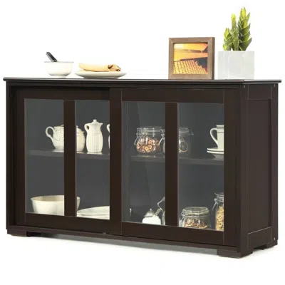 Quikfurn Brown Wood Buffet Kitchen Dining Sideboard Storage Cabinet W/ Glass Sliding Door
