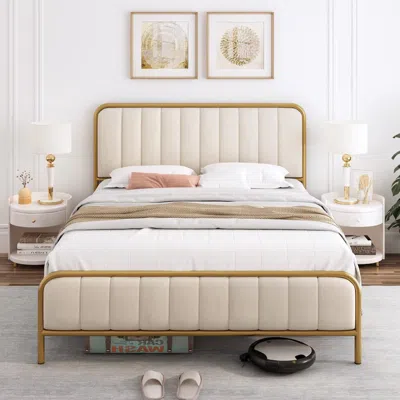 Quikfurn Full Size Gold Metal Platform Bed Frame With Off-white Upholstered Headboard