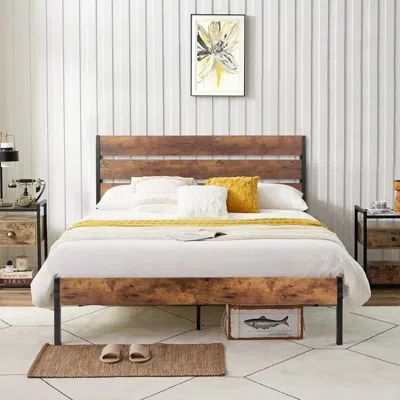 Quikfurn Full Industrial Platform Bed Frame With Brown Wood Slatted Headboard Footboard