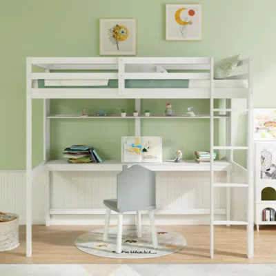 Hivvago Twin Size Solid Wood Slatted Loft Bed Frame With Safety Guardrail For Kid-white
