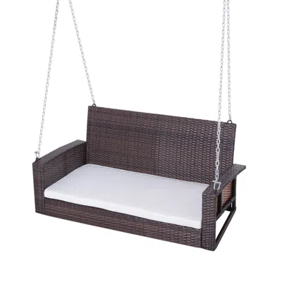 Quikfurn Espresso Wicker Porch Swing 7ft Hanging Chain With Cream Padded Cushion