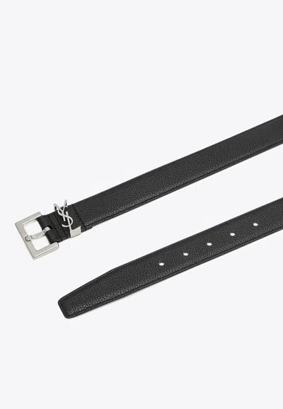 Saint Laurent Cassandre Grained Leather Belt In Black
