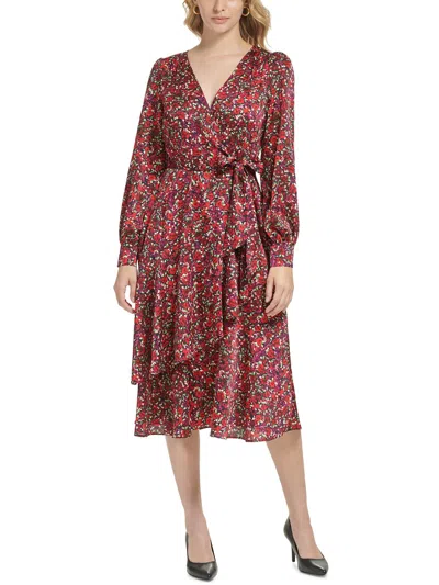 KARL LAGERFELD WOMENS FAUX WRAP MIDI FIT & FLARE DRESS 