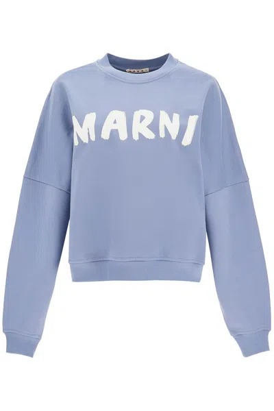 Shop Marni Felpa Girocollo Con Stampa Logo In Light Blue