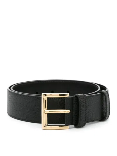 Prada Leather Belt With Engraved Buckle In Black