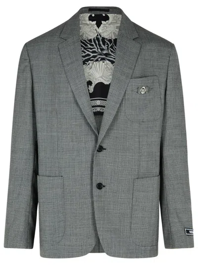 Versace Formal Jacket Micro Pattern Wool Fabric In Grey
