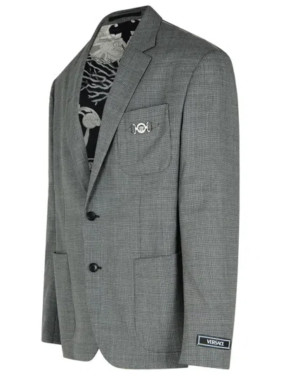 Versace Formal Jacket Micro Pattern Wool Fabric In Grey