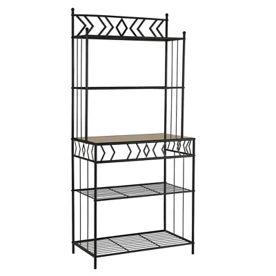 Quikfurn Kitchen Bakers Rack In Black Metal With Marble Finish Top