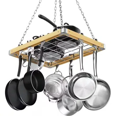 Quikfurn Rectangular 23.5-inch Metal Wood Ceiling Mounted Kitchen Pot Rack