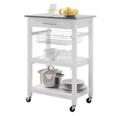 Quikfurn White Stainless Steel Top Kitchen Cart With Drawer And Storage Shelves