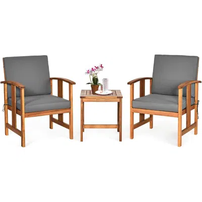 Quikfurn 3-piece Solid Wood Outdoor Patio Furniture Chairs Table Set With Grey Cushions