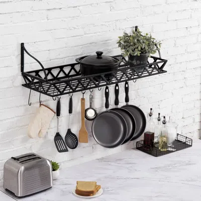 Quikfurn Black Metal Rectangular Wall Mounted Kitchen Pot Rack With 12 Hanging Hooks