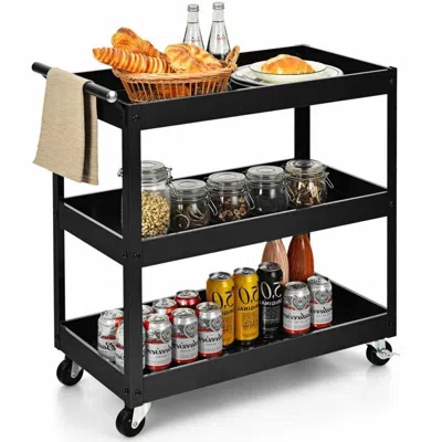 Quikfurn Black Steel Frame Kitchen Serving Utility Cart On Wheels With 2 Bottom Shelves