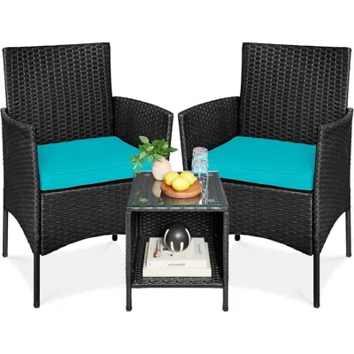 Quikfurn 3-piece Black Pe Wicker Outdoor Dining Patio Furniture Set W/ Teal Blue Cushions