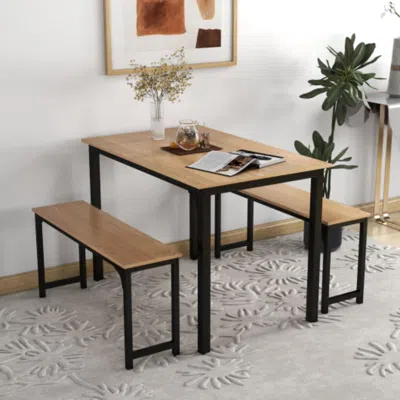Hivvago 3 Pieces Dining Table Set With 2 Benches For Dining Room Kitchen Bar-natural