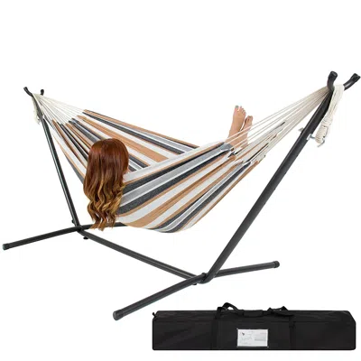 Quikfurn Portable Cotton Hammock In Desert Stripe With Metal Stand And Carry Case