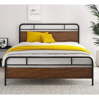 Quikfurn Full Size Industrial Metal Wood Platform Bed Frame With Headboard And Footboard