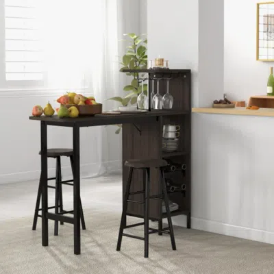 Hivvago 3 Piece Bar Table And Chairs Set With 6-bottle Wine Rack-brown