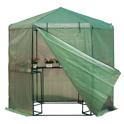 Quikfurn Outdoor Hexagon Greenhouse 6.5 X 7 Ft With Steel Frame Pe Cover And Shelves