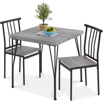 QUIKFURN MODERN 3-PIECE METAL FRAME DINING SET WITH GREY WOOD TOP TABLE AND 2 CHAIRS 