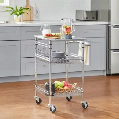 Quikfurn Compact Kitchen Cart With Stainless Steel Top And 2 Bottom Storage Shelves