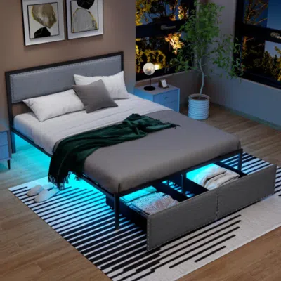 Hivvago Full/queen/twin Size Bed Frame With Led Lights Drawer And Metal Slats-queen Size