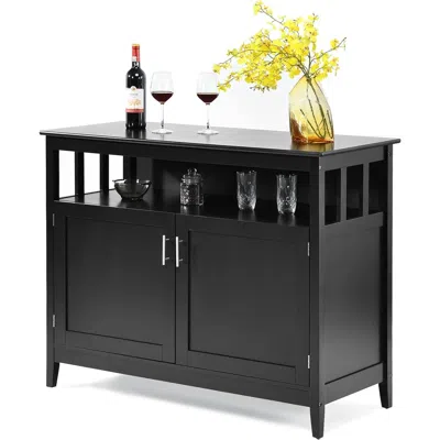 QUIKFURN BLACK WOOD 2-DOOR DINING BUFFET SIDEBOARD CABINET WITH OPEN STORAGE SHELF 