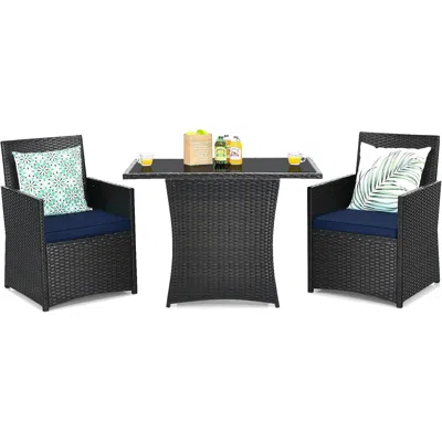Quikfurn 3-piece Patio Furniture Outdoor Dining Set Brown Pe Rattan Navy Blue Cushions