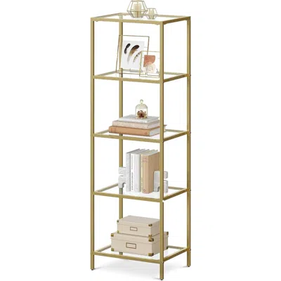 Quikfurn Narrow Gold Metal Frame Glass Shelves Shelving Unit Slim 4-shelf Bookcase