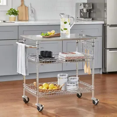 Quikfurn Kitchen Island Cart With Stainless Steel Top And 2 Bottom Storage Shelves
