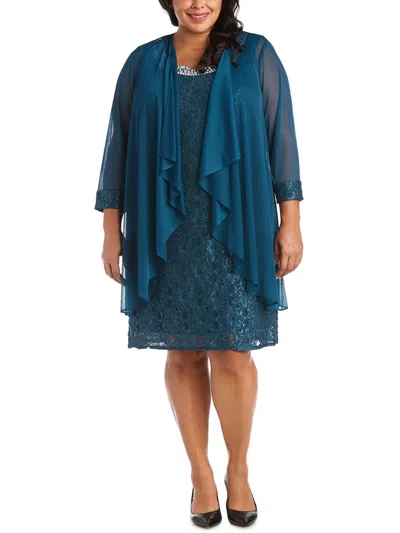 R & M Richards Plus Womens Mesh Sheer Topper Jacket In Blue