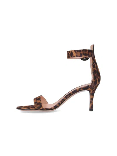 Gianvito Rossi Open Round Toe Visible Stitching Buckled Back Strap Leopard Pattern Golden Lettered Logo On Insole S In Brown