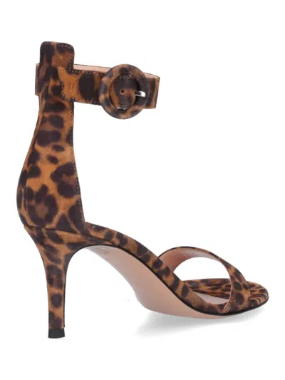 Gianvito Rossi Open Round Toe Visible Stitching Buckled Back Strap Leopard Pattern Golden Lettered Logo On Insole S In Brown