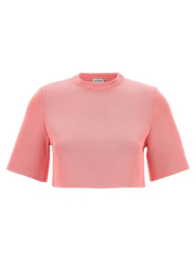 Loewe Cropped Knitted Crew-neck Sweater In Pink