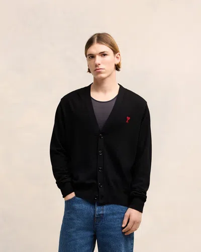 Ami Alexandre Mattiussi Ami Paris Ami De Coeur Patch Merino Wool Cardigan In Black
