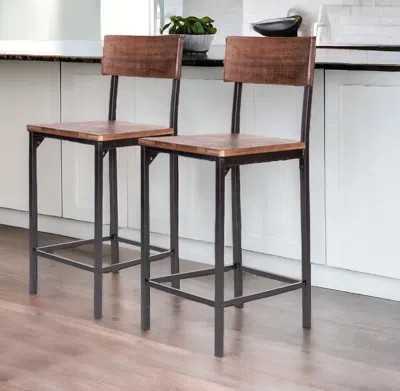 Homezia Set Of Two 25" Brown And Black Reclaimed Wood And Metal Counter Height Bar Chairs