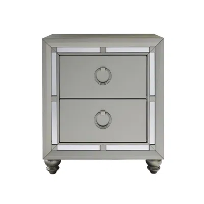 Homezia Silver Champagne Tone Nightstand With 2 Drawer Mirror Trim Accent